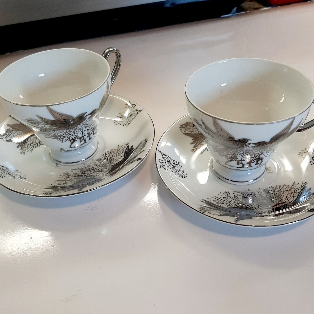 SET OF TWO VTG KELVINS FINE CHINA ANNIVERSARY CUPS AND SAUCERS